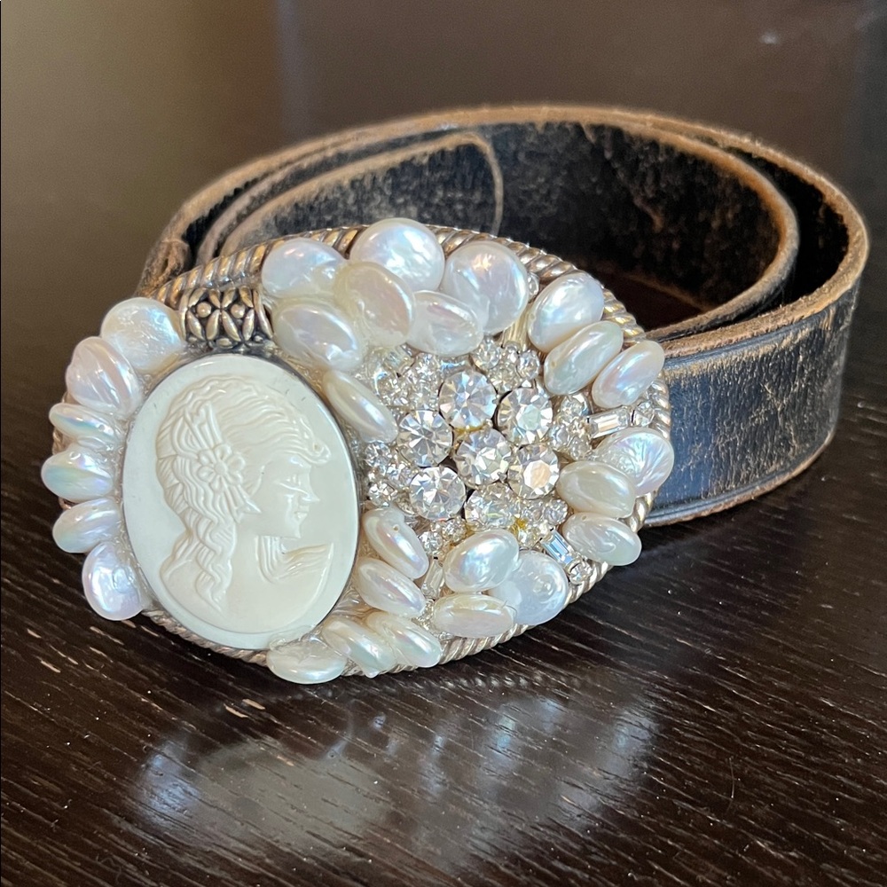Artisan Made Black Leather Belt with Cameo & Mother of Pearl Buckle